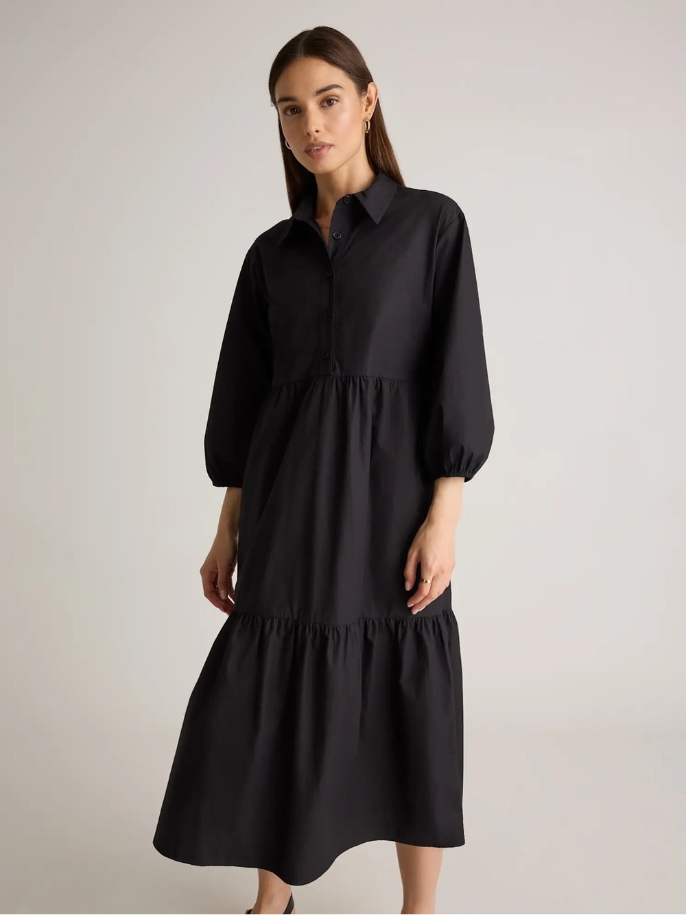 QUINCE 100% Organic Cotton Poplin Midi Tunic Dress in Black